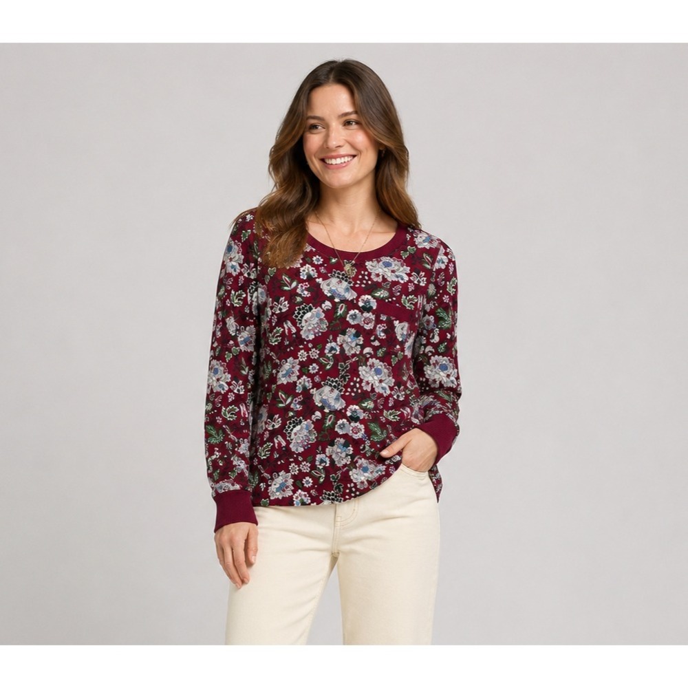 Vera Bradley Thermal Shirt Womens Medium Burgundy Red Floral Print Cotton Rayon